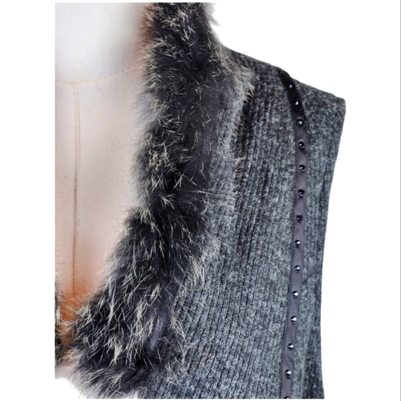 Simon Chang Rare Gray Knit Vest w/ Genuine Fox Fur Collar & Studs Size XL - Picture 3 of 9